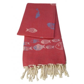Fouta Towel Jacquard Sea Fish Red & Blue